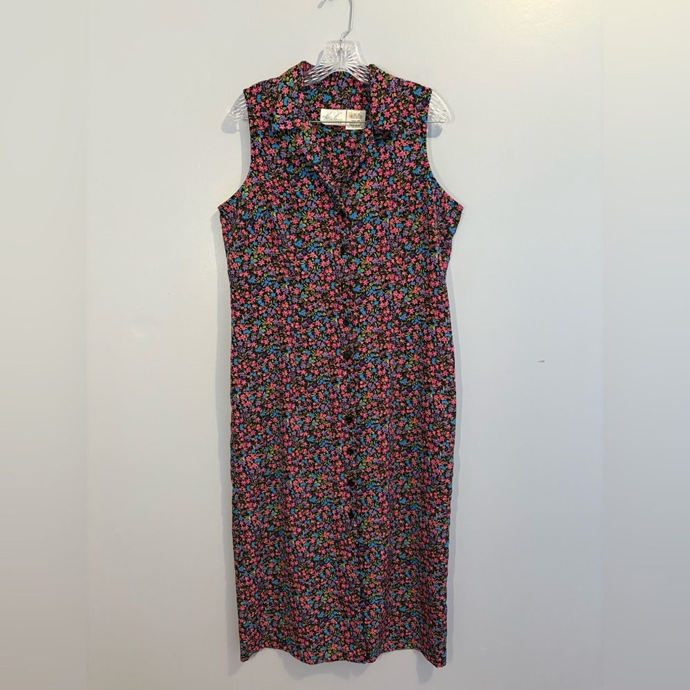 Sleeveless Black Floral Midi Dress with Pink & Blue Blossoms